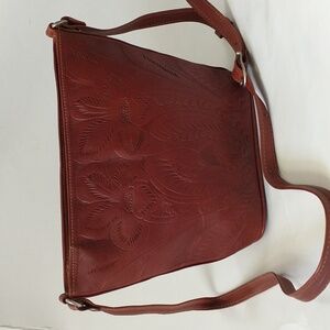 Brown Leather Bag with Patterned Interior
